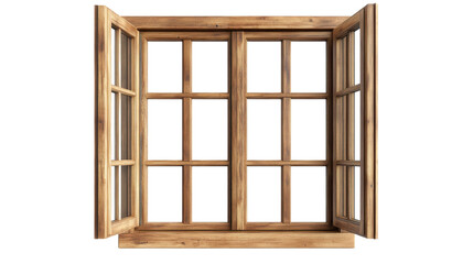 Open wooden window frame with glass panes for interior design and home decoration