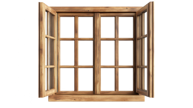 Open wooden window frame with glass panes for interior design and home decoration