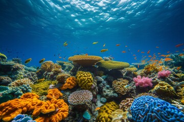 Obraz premium Explore a vibrant coral garden teeming with colorful marine life in a crystal-clear underwater landscape beneath the sunlit sea surface