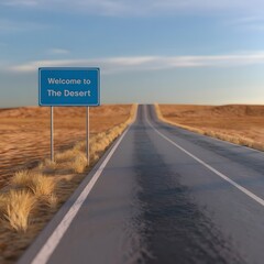 Signboard on Straight Road Surrounded by Barren Fields and Desert Landscape

