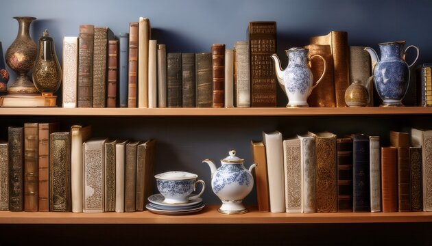 Open shelving showcasing transferware and hardcover classics