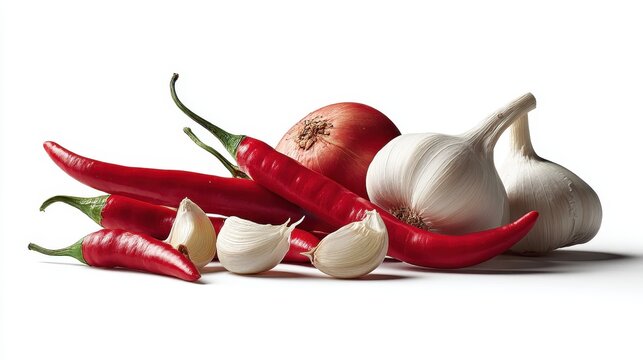 Fresh red chili pepper, sliced onion, and whole garlic cloves seen from the lateral side, isolated on a clean white background, emphasizing freshness and vivid colors.