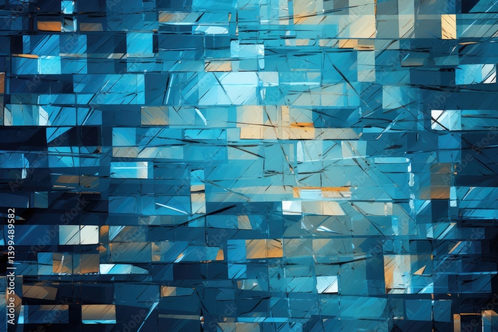 Poster an abstract pattern showcasing the shattered form of a computer screen with a blend of blue hues and