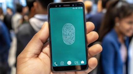 Smartphone fingerprint sensor, hand holding, blurred crowd background, technology, display, user interface