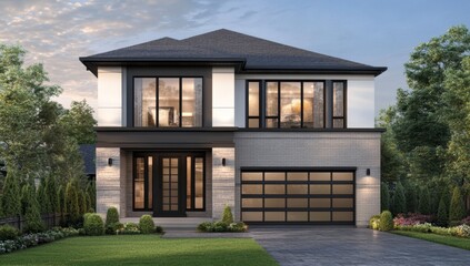 Modern two-story home exterior, featuring clean lines, large windows, and a covered front porch.  Spacious garage and landscaping