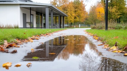 Autumnal puddle reflection on paved walkway leading to modern building
