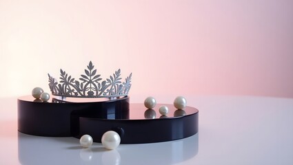 Elegant Silver Crown with Pearls on Black Display
