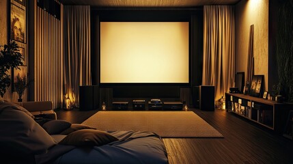 Home theater room with dark motorized curtains creating a cinematic atmosphere