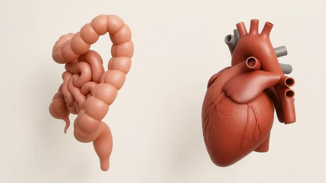 An illustrates the gut-cardiac axis (gut heart axis) by displaying the human digestive system and heart side by side, emphasizing their physiological connection.