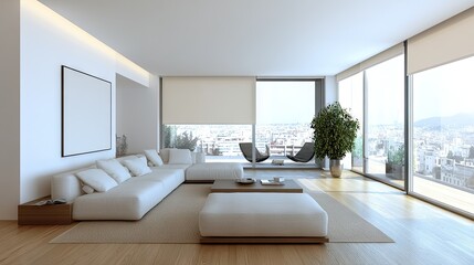 Light beige roller blinds fully extended across a wide living room window