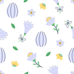Happy Easter seamless pattern with flowers and painted eggs on white background. Happy Easter hand drawn card. Flat illustration with partial outline. Vector illustration.