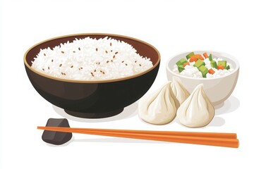 Asian food illustration with rice bowls and dumplings