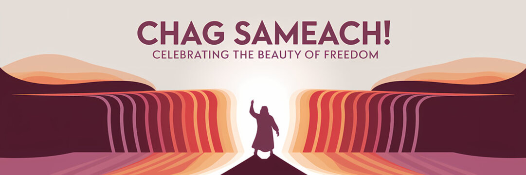 An artistic depiction of a person standing in parted waters, symbolizing Moses and the biblical story of freedom, with stylized waves in vibrant shades of red, orange, and purple.