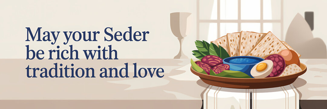 A Passover Seder plate with traditional items displayed on a table, accompanied by two wine glasses and a window letting light through, creating a warm ambiance.