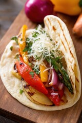 Obraz premium Delicious vegetarian taco with grilled vegetables and grated cheese lying on wooden cutting board
