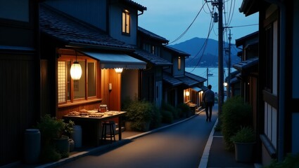 Obraz premium A scenic street at night in a hidden japanese port village captured at twilight with soft glow from lanterns creating a magical and inviting atmosphere for evening strolls and exploration