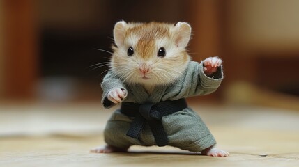 Naklejka premium Cute hamster in karate pose, home interior background