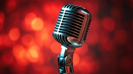 A detailed shot of a theatre microphone with dramatic lighting, ready for the performance