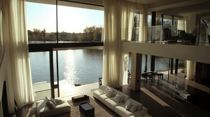 Obraz premium Open-plan room with wall-to-wall glass and motorized curtains at half-draw