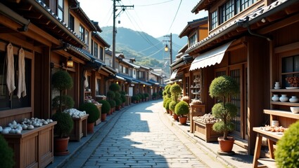 Obraz premium Traditional japanese market street near the seaside bustling with life, culture, and local vendors showcasing fresh produce and handcrafted goods in a picturesque setting