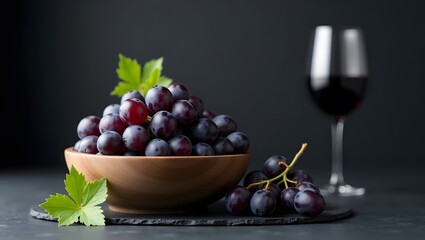 Red Grapes in Wooden Bowl  Wine Glass  Dark Background