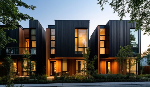 Modern townhomes, dark and light, urban facade