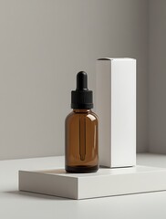 Fototapeta premium Amber glass dropper bottle with black cap standing next to a plain white packaging box on a neutral background, ideal for branding, cosmetics, skincare, or essential oil product mockup 