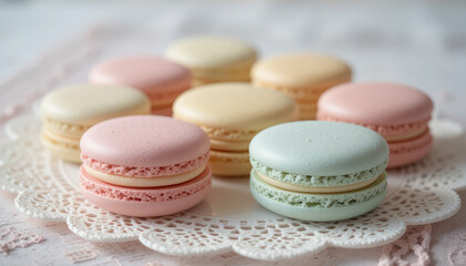 Delicate macarons in pastel colors arranged on lace doily, evoking sweetness and charm