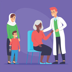 Doctor in white coat engaging with elderly patient seated in chair, while woman and boy with prosthetic arm standing nearby, creating supportive atmosphere
