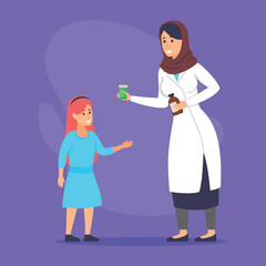 Doctor in white coat and headscarf interacting with young girl. Girl reaching out her hand while doctor holding two bottles, suggesting medical consultation