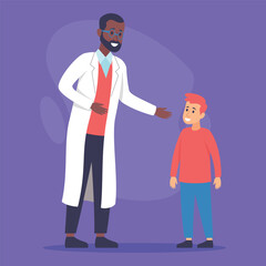 Fototapeta premium Friendly doctor in white coat talking to young boy. Positive healthcare interaction concept