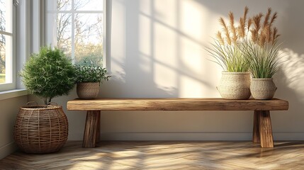 Fototapeta premium Rustic Wooden Bench with Sunlight, Plants, and Home Decor.