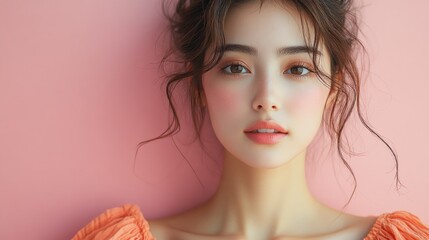 Asian woman portrait, studio shot, pink background,  natural beauty