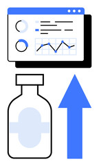 Web dashboard with analytics data, graphs, and metrics beside a medicine bottle and upward arrow. Ideal for healthcare, pharmaceuticals, medicine, research, growth, technology data visualization