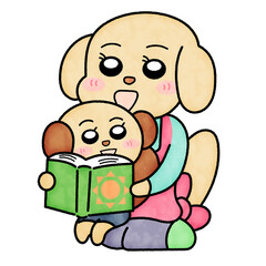 園児と一緒に絵本を読んでいる犬保育士