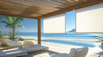 Fototapeta premium Transparent blinds mounted to a pergola, allowing air and filtered light to pass