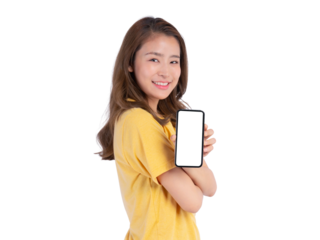 Beautiful smiling young Asian woman in yellow t-shirt showing white screen smartphone, isolated on a transparent background, technology mockup concept, mobile phone advertising presentation pose