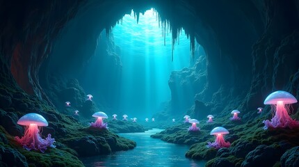 Enchanting Underwater Cave with Bioluminescent Jellyfish