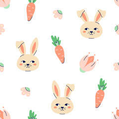 Happy Easter seamless pattern with rabbits and carrots on white background. Happy Easter hand drawn card. Flat illustration with partial outline. Vector illustration.