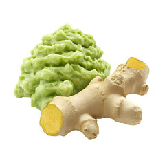 Fototapeta premium A close-up image of a ginger root and a pile of green wasabi paste.