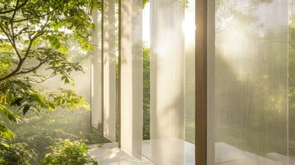 Fototapeta premium Transparent roller blinds hanging from a patio roof, sunlight filtering through softly