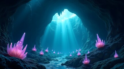 Underwater Cave  Bioluminescent Plants  Fantasy Landscape