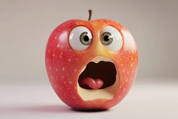 A 3D rendered apple with a surprised expression, wide eyes, and an open mouth.
