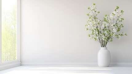 Minimalist spring interior with vase of blossoms