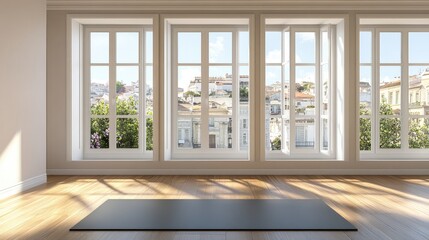 Fototapeta premium An empty room with large windows showcasing a city view, ready for a yoga session.
