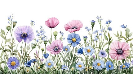 A flowing arrangement of poppies and cosmos along the bottom edge, leaving most of the white background clear for wallpaper use.