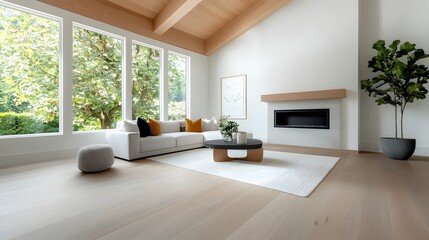 Fototapeta premium Inviting Modern Farmhouse Living Area with a Blend of Natural Textures Vintage Accents and Plush Furnishings Bathed in Soft Natural Light and Featuring a Rustic Wood Beamed Ceiling Cozy Fireplace