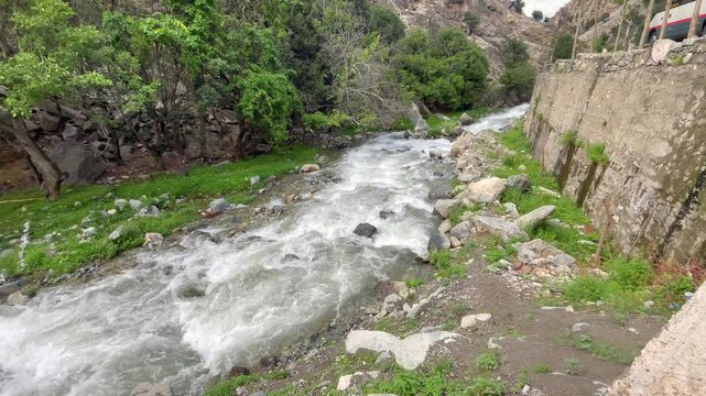 Fast flowing stream cuts through green Naran Valley in northern Pakistan