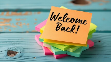 Vibrant post-it note with welcome back handwriting placed on colorful notes, conveying greeting, motivation, and organization in a cheerful work or school environment