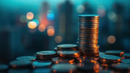 Cityscape coins stack finance growth wealth